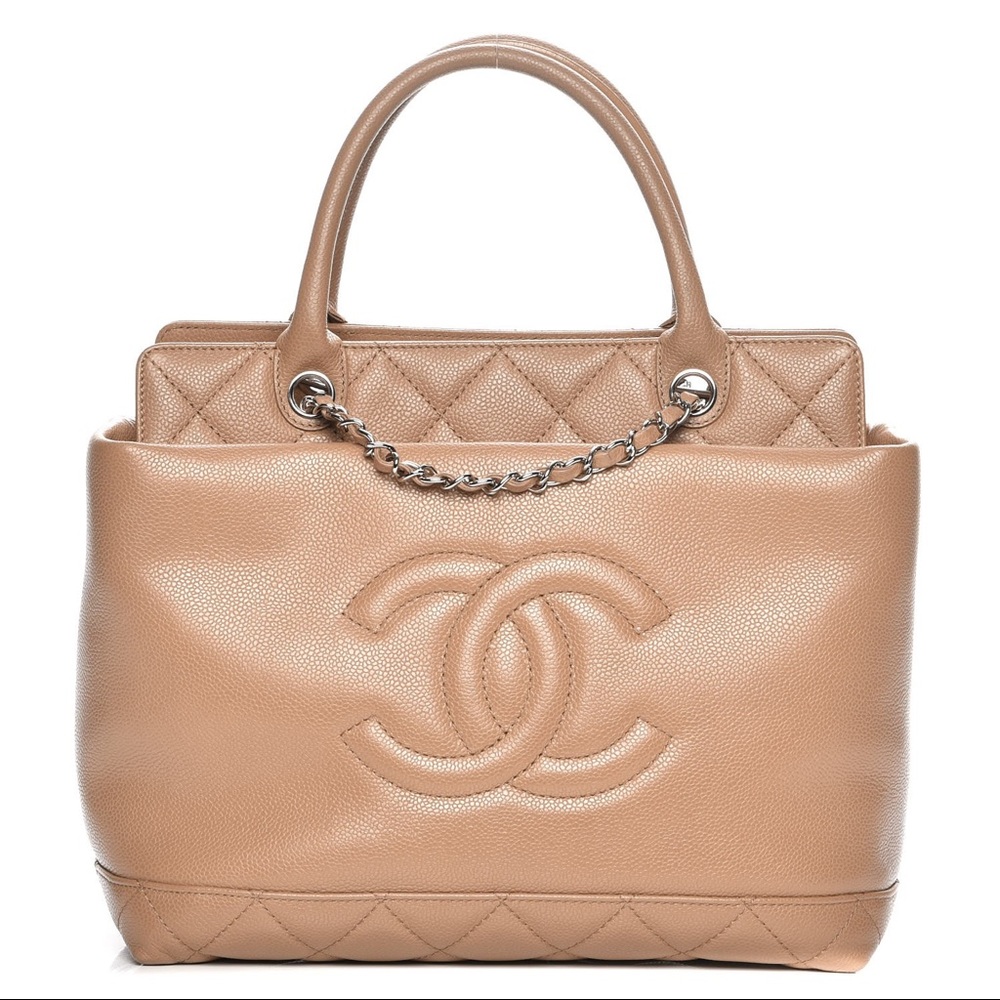 AUTHENTIC CHANEL Soft Caviar CC Medium Top Handle Tote in Dark Beige